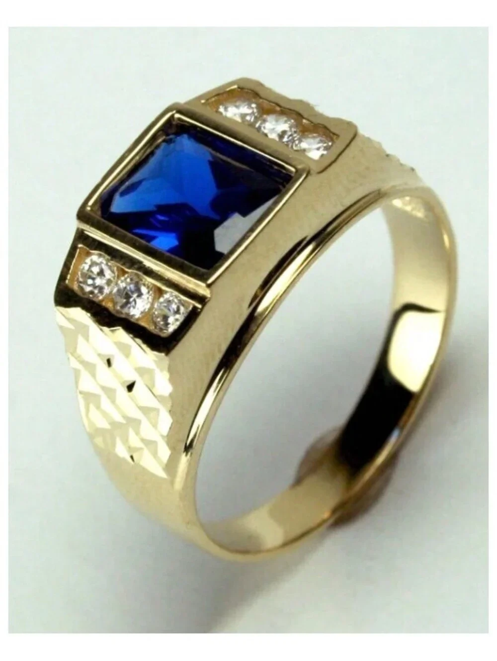 Blue square with accents - Ring - Gold - CZs - Size 9